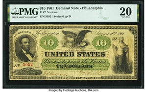 image for: Fr. 7 $10 1861 Demand Note PMG Very Fine 20....