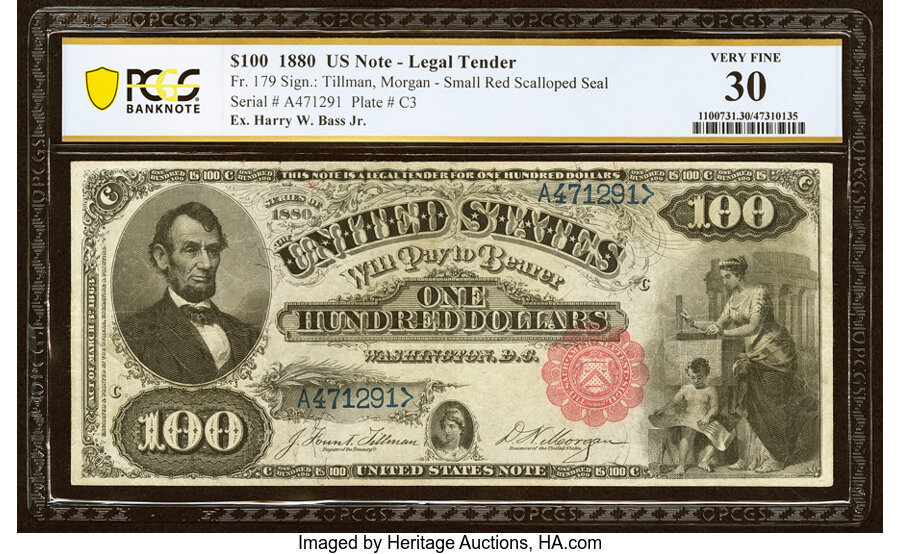 image for: Fr. 179 $100 1880 Legal Tender PCGS Banknote Very Fine 30....