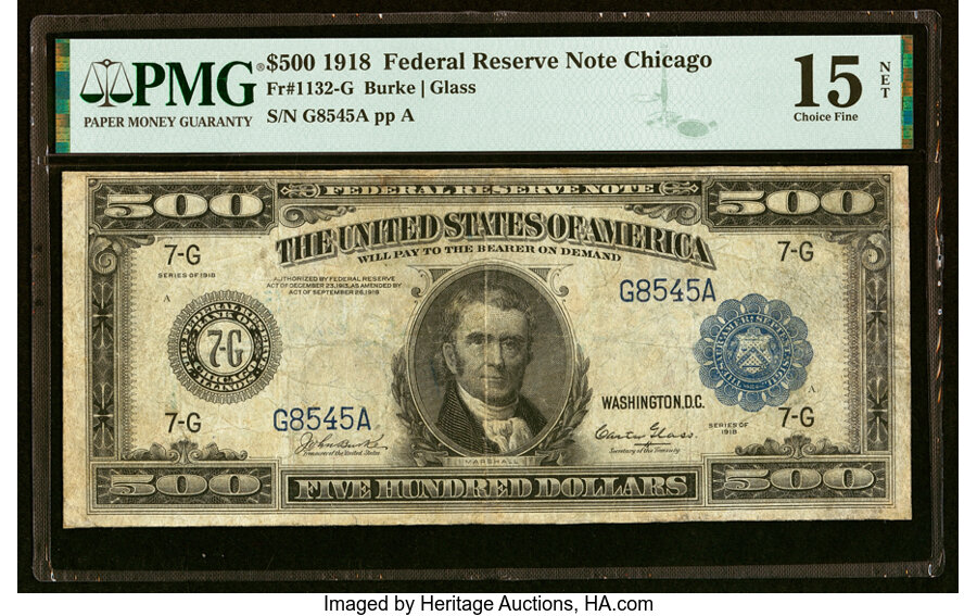 image for: Fr. 1132-G $500 1918 Federal Reserve Note PMG Choice Fine 15 Net....