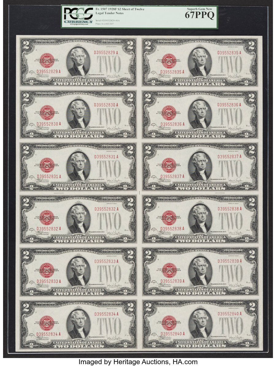 image for: Fr. 1507 $2 1928F Legal Tender Notes. Uncut Sheet of 12. PCGS Superb Gem New 67PPQ....