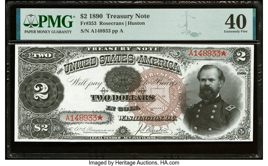 image for: Fr. 353 $2 1890 Treasury Note PMG Extremely Fine 40....