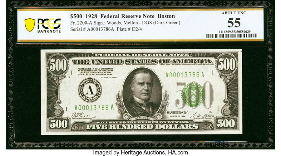 image for: Fr. 2200-A $500 1928 Federal Reserve Note. PCGS Banknote About Unc 55....