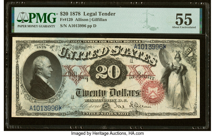 image for: Fr. 129 $20 1878 Legal Tender PMG About Uncirculated 55....