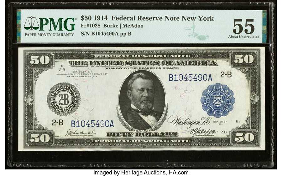 image for: Fr. 1028 $50 1914 Federal Reserve Note PMG About Uncirculated 55....