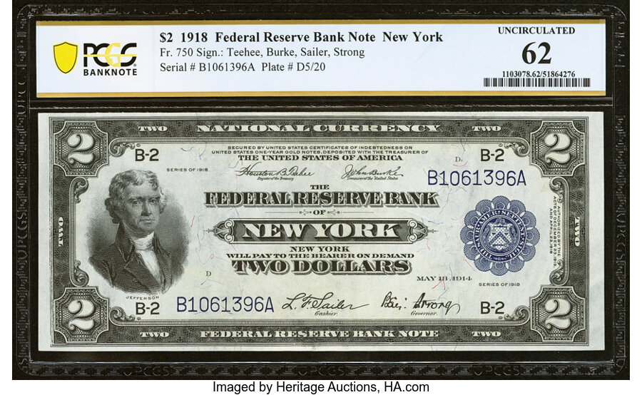 image for: Fr. 750 $2 1918 Federal Reserve Bank Note PCGS Banknote Uncirculated 62....