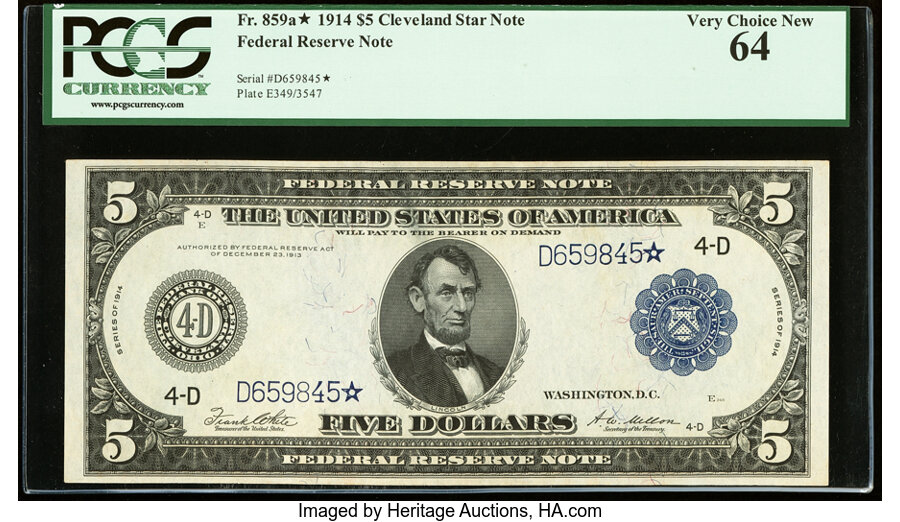 image for: Fr. 859a* $5 1914 Federal Reserve Star Note PCGS Very Choice New 64....