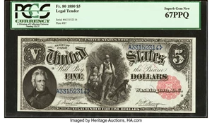 image for: Fr. 80 $5 1880 Legal Tender PCGS Superb Gem New 67PPQ....