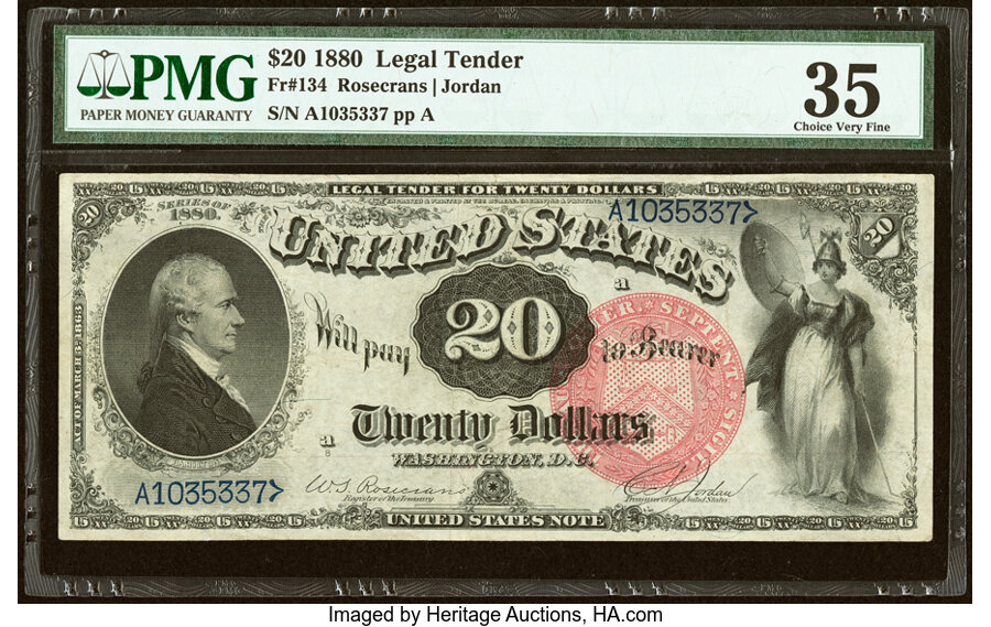 image for: Fr. 134 $20 1880 Legal Tender PMG Choice Very Fine 35....