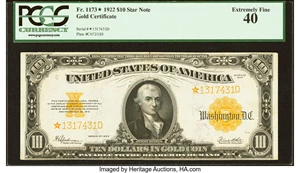 image for: Fr. 1173* $10 1922 Gold Certificate Star PCGS Extremely Fine 40....