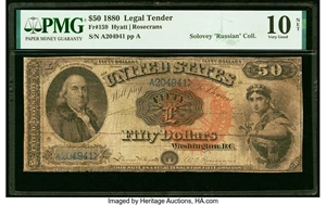image for: Fr. 159 $50 1880 Legal Tender PMG Very Good 10 Net....