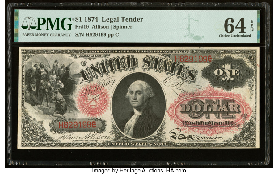 image for: Fr. 19 $1 1874 Legal Tender PMG Choice Uncirculated 64 EPQ....