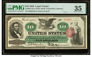 image for: Fr. 95b $10 1863 Legal Tender PMG Choice Very Fine 35....