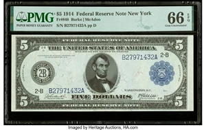 image for: Fr. 848 $5 1914 Federal Reserve Note PMG Gem Uncirculated 66 EPQ....