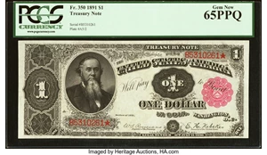 image for: Fr. 350 $1 1891 Treasury Note PCGS Gem New 65PPQ....