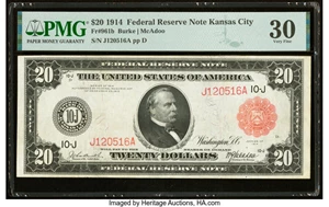 image for: Fr. 961b $20 1914 Red Seal Federal Reserve Note PMG Very Fine 30....