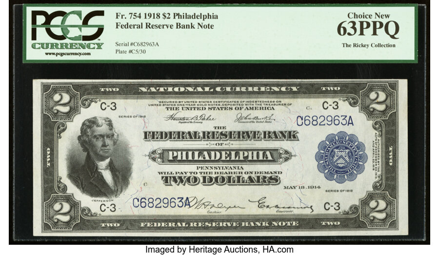 image for: Fr. 754 $2 1918 Federal Reserve Bank Note PCGS Choice New 63PPQ....