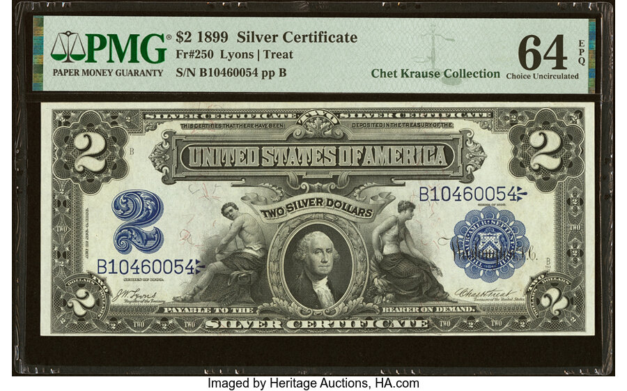 image for: Fr. 250 $2 1899 Silver Certificate PMG Choice Uncirculated 64 EPQ....
