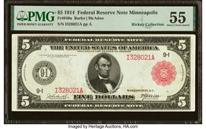 image for: Fr. 840a $5 1914 Red Seal Federal Reserve Note PMG About Uncirculated 55....