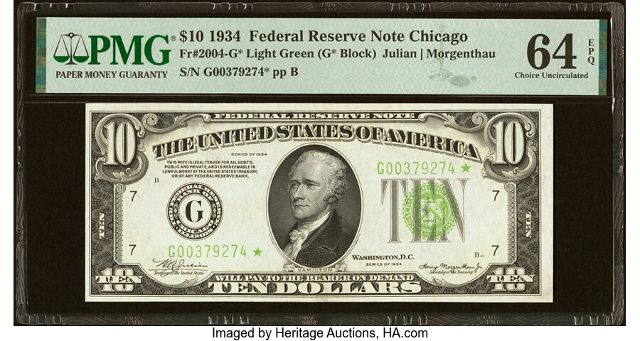 image for: Fr. 2004-G* $10 1934 Light Green Seal Federal Reserve Star Note. PMG Choice Uncirculated 64 EPQ....