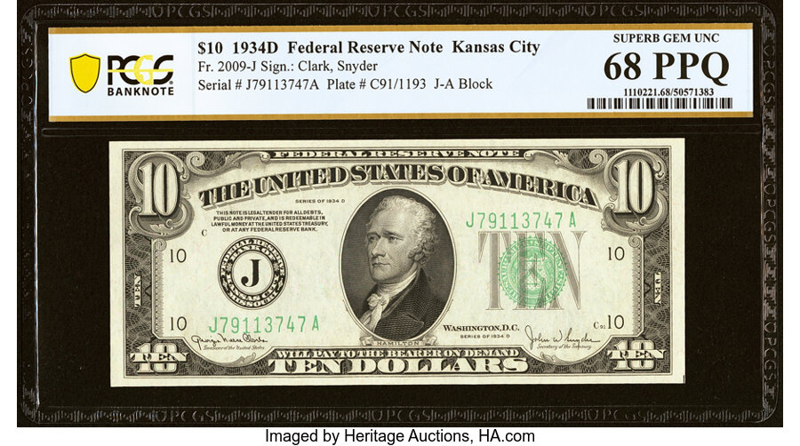 image for: Fr. 2009-J $10 1934D Federal Reserve Note. PCGS Banknote Superb Gem Unc 68 PPQ....