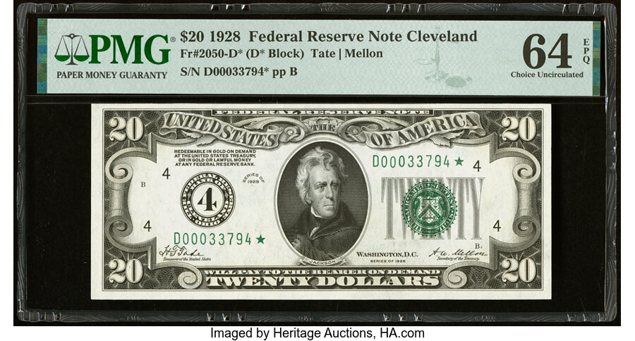 image for: Fr. 2050-D* $20 1928 Federal Reserve Star Note. PMG Choice Uncirculated 64 EPQ....