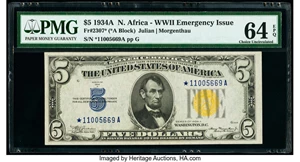 image for: Fr. 2307* $5 1934A North Africa Silver Certificate Star. PMG Choice Uncirculated 64 EPQ....