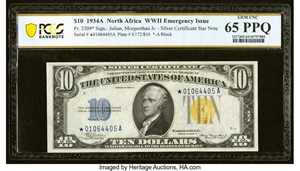 image for: Fr. 2309* $10 1934A North Africa Silver Certificate Star. PCGS Banknote Gem Unc 65 PPQ....