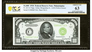 image for: Fr. 2211-C $1,000 1934 Light Green Seal Federal Reserve Note. PCGS Banknote Choice Unc 63....
