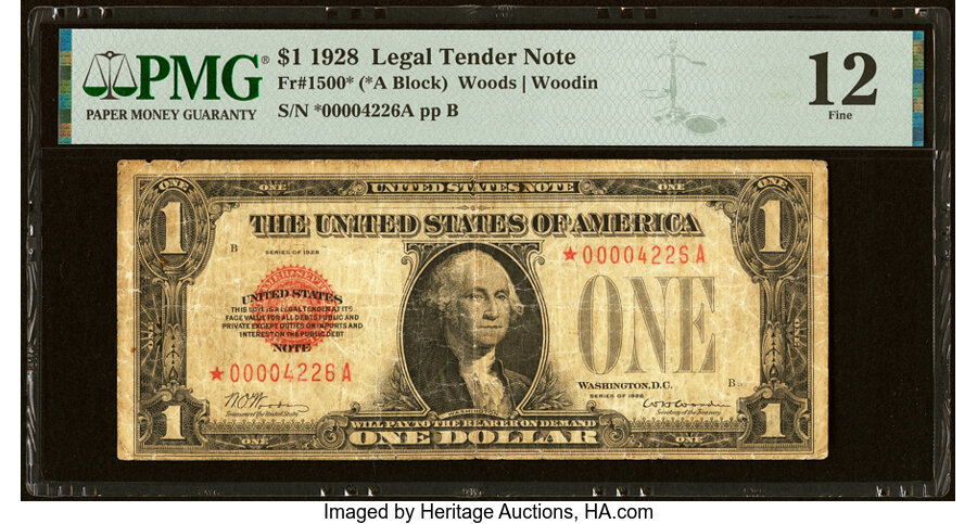 image for: Fr. 1500* $1 1928 Legal Tender Star Note. PMG Fine 12....