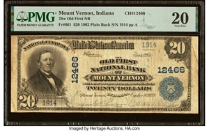 image for: Mount Vernon, IN - $20 1902 Plain Back Fr. 661 The Old First National Bank Ch. # 12466 PMG Very Fine 20....