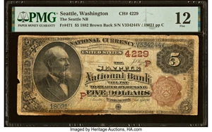 image for: Seattle, WA - $5 1882 Brown Back Fr. 471 The Seattle National Bank Ch. # (P)4229 PMG Fine 12....