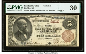 image for: Sandusky, OH - $5 1882 Brown Back Fr. 466 The Moss National Bank Ch. # 2810 PMG Very Fine 30....