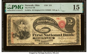 image for: Norwalk, OH - $2 Original Fr. 387a The First National Bank Ch. # 215 PMG Choice Fine 15....