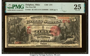 image for: Delphos, OH - $5 1875 Fr. 401 The First National Bank Ch. # 274 PMG Very Fine 25....