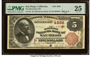 image for: San Diego, CA - $5 1882 Brown Back Fr. 472 The Merchants National Bank Ch. # (P)4886 PMG Very Fine 25....