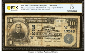 image for: Henryetta, OK - $10 1902 Plain Back Fr. 629 The Miners National Bank Ch. # (W)10349 PCGS Banknote Fine 12....