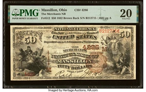 image for: Massillon, OH - $50 1882 Brown Back Fr. 512 The Merchants National Bank Ch. # (M)4286 PMG Very Fine 20....