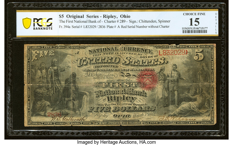 image for: Ripley, OH - $5 Original Fr. 394a The First National Bank Ch. # 289 PCGS Banknote Choice Fine 15 Details....