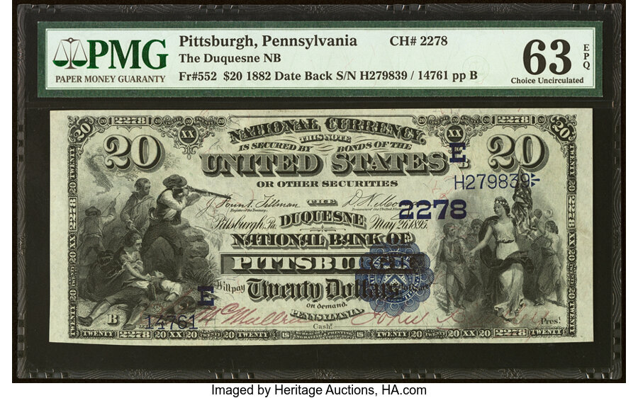 image for: Pittsburgh, PA - $20 1882 Date Back Fr. 552 The Duquesne National Bank Ch. # (E)2278 PMG Choice Uncirculated 63 EPQ....