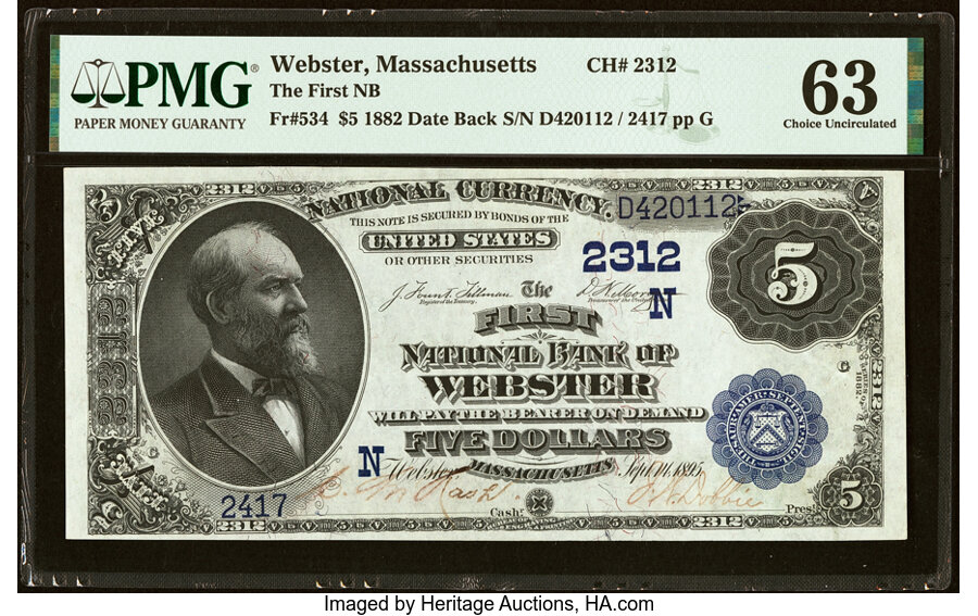image for: Webster, MA - $5 1882 Date Back Fr. 534 The First National Bank Ch. # (N)2312 PMG Choice Uncirculated 63....
