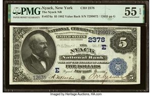 image for: Nyack, NY - $5 1882 Value Back Fr. 574a The Nyack National Bank Ch. # (E)2378 PMG About Uncirculated 55 EPQ....
