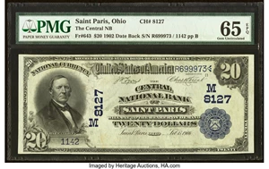 image for: Saint Paris, OH - $20 1902 Date Back Fr. 643 The Central National Bank Ch. # (M)8127 PMG Gem Uncirculated 65 EPQ....