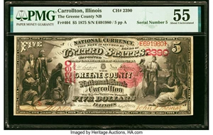 image for: Carrollton, IL - $5 1875 Fr. 404 The Greene County National Bank Ch. # 2390 PMG About Uncirculated 55....
