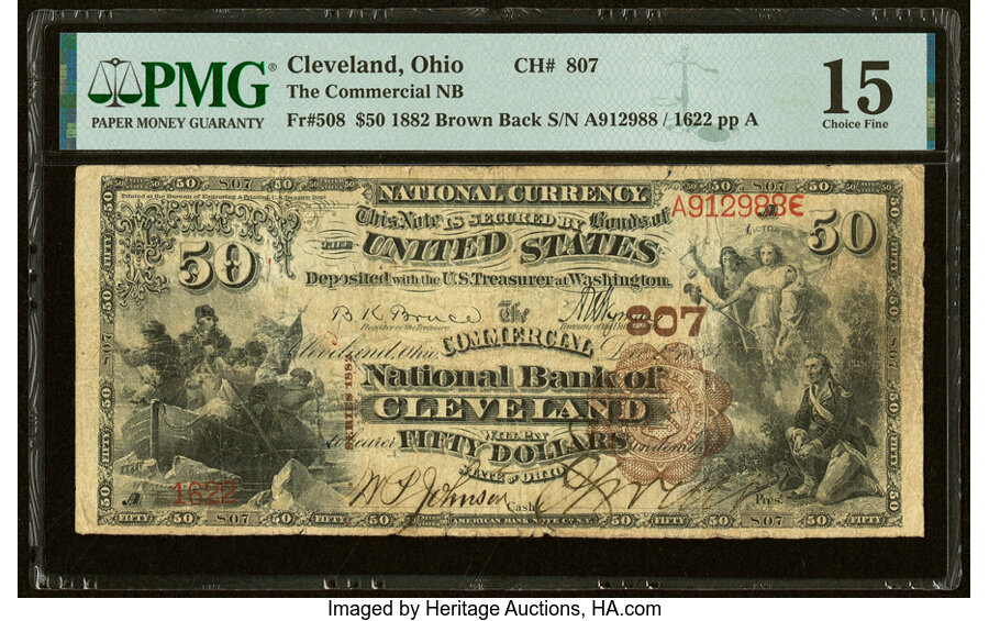 image for: Cleveland, OH - $50 1882 Brown Back Fr. 508 The Commercial National Bank Ch. # 807 PMG Choice Fine 15....