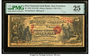image for: San Francisco, CA - $5 1870 Fr. 1136 The First National Gold Bank Ch. # 1741 PMG Very Fine 25....