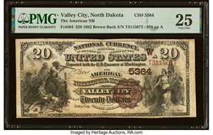 image for: Valley City, ND - $20 1882 Brown Back Fr. 504 The American National Bank Ch. # (W)5364 PMG Very Fine 25....