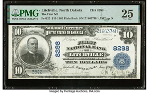 image for: Litchville, ND - $10 1902 Plain Back Fr. 625 The First National Bank Ch. # 8298 PMG Very Fine 25....