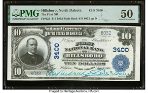 image for: Hillsboro, ND - $10 1902 Plain Back Fr. 625 The First National Bank Ch. # 3400 PMG About Uncirculated 50....