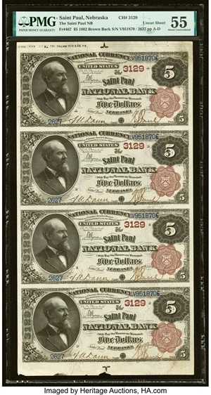 image for: Saint Paul, NE - $5-$5-$5-$5 1882 Brown Back Fr. 467 The Saint Paul National Bank Ch. # 3129 Uncut Sheet PMG About Uncirculate...