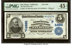 image for: San Diego, CA - $5 1902 Date Back Fr. 595 The Merchants National Bank Ch. # (P)4886 PMG Choice Extremely Fine 45 EPQ....